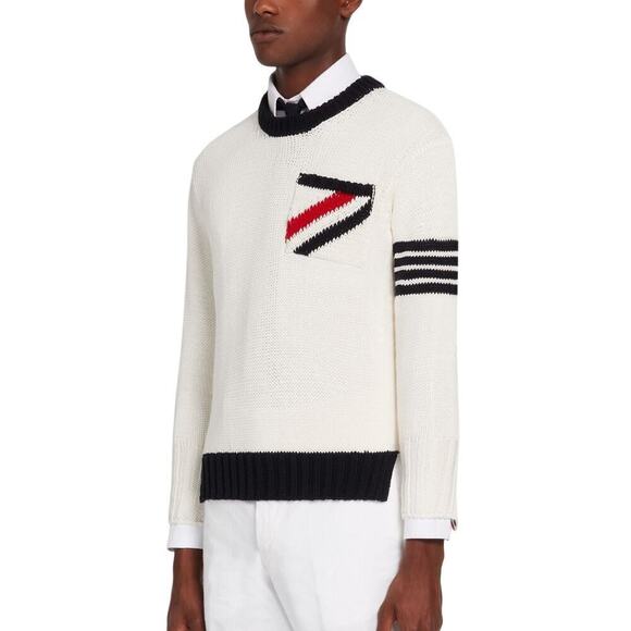 Thom Browne Cotton Jersey Pocket 4-Bar Stripe Crew Neck Sweater White Size S - Picture 2 of 8